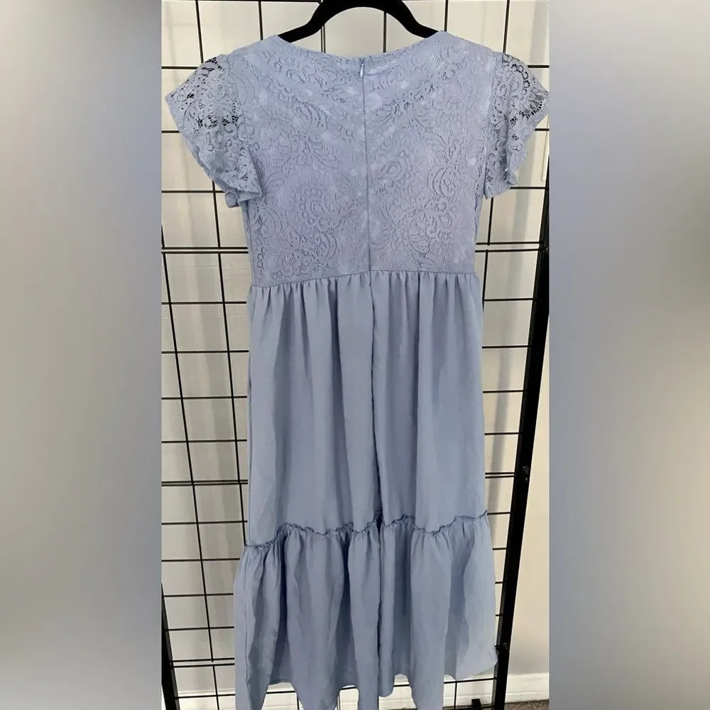Girls A-line blue lace and ruffle maxi dress NWOT